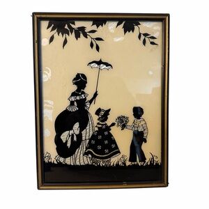 Vintage Reliance Little Colonial Sweethearts Silhouette Glass Framed Print Black